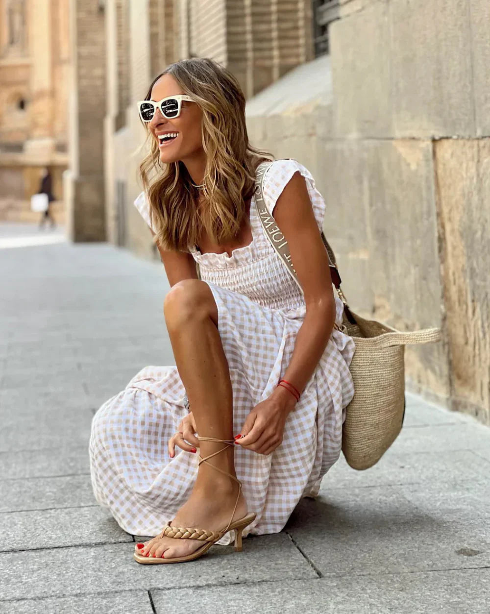 FLEURINNA™ – LONG DRESS WITH RUFFLED SLEEVES AND GINGHAM FRILLS