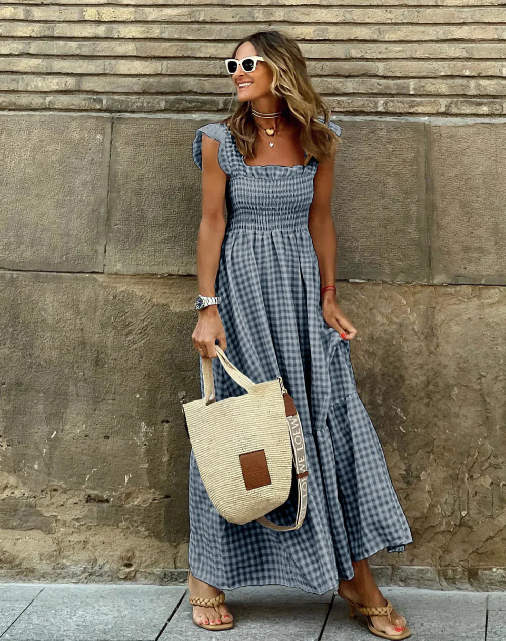 FLEURINNA™ – LONG DRESS WITH RUFFLED SLEEVES AND GINGHAM FRILLS
