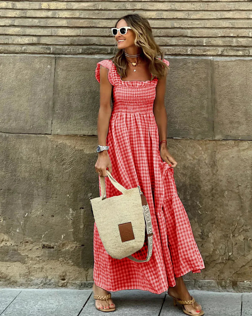 FLEURINNA™ – LONG DRESS WITH RUFFLED SLEEVES AND GINGHAM FRILLS